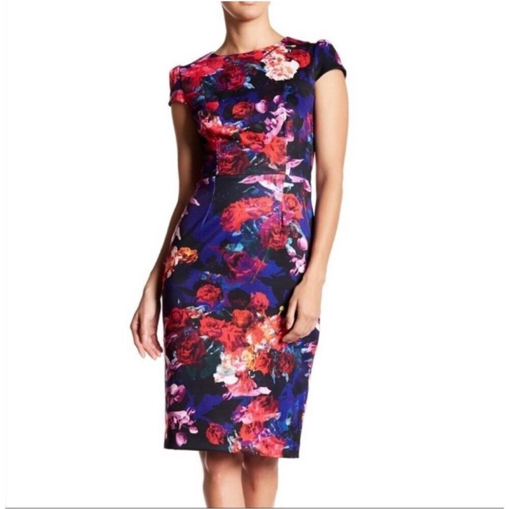 Betsey Johnson black colorful floral cap sleeve sheath dress size 2